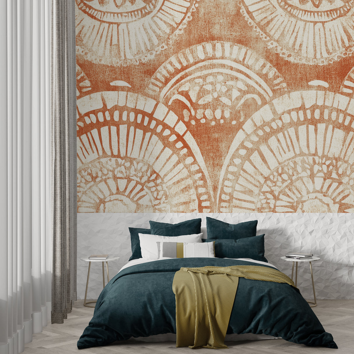 Terracotta art deco pattern creating depth in a contemporary bedroom space