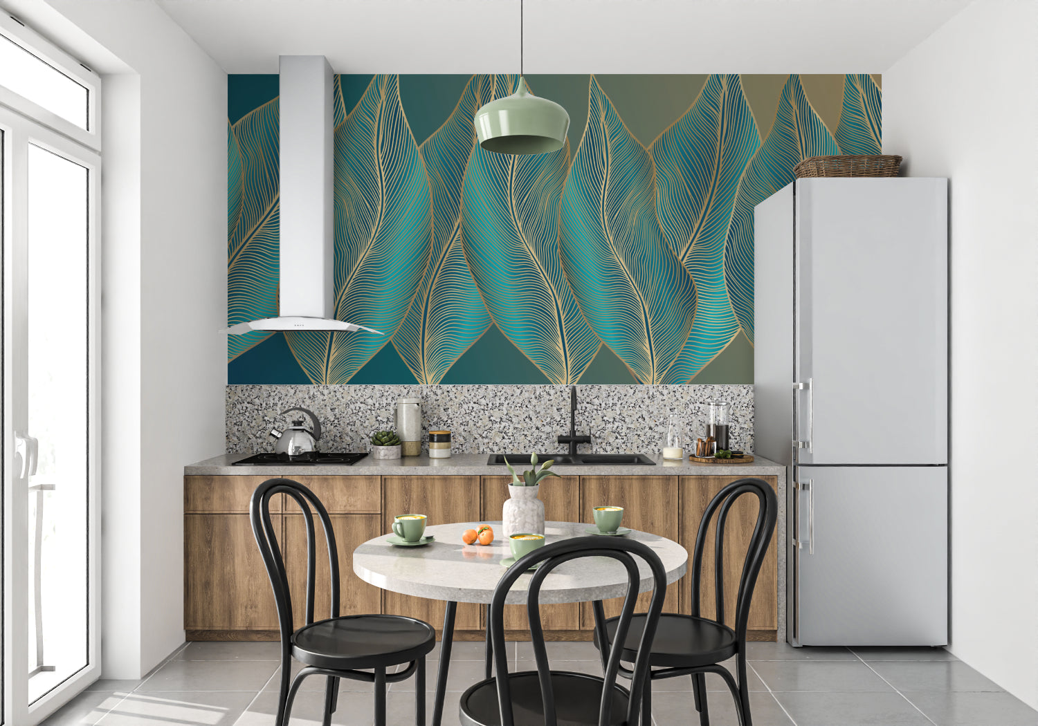 Turquoise and gold art deco wallpaper creating luxury hotel feel in master bedroom
