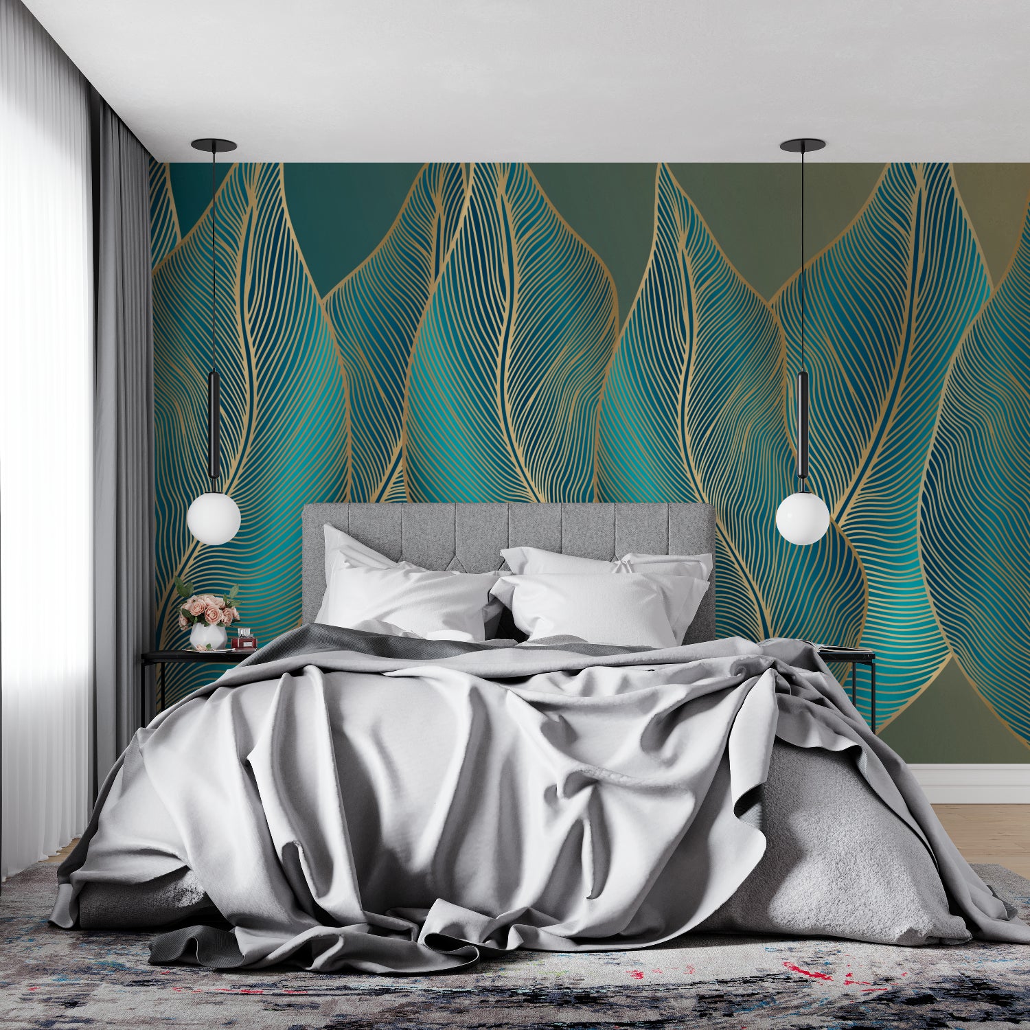 Geometric leaf wallpaper bringing elegance to home office space