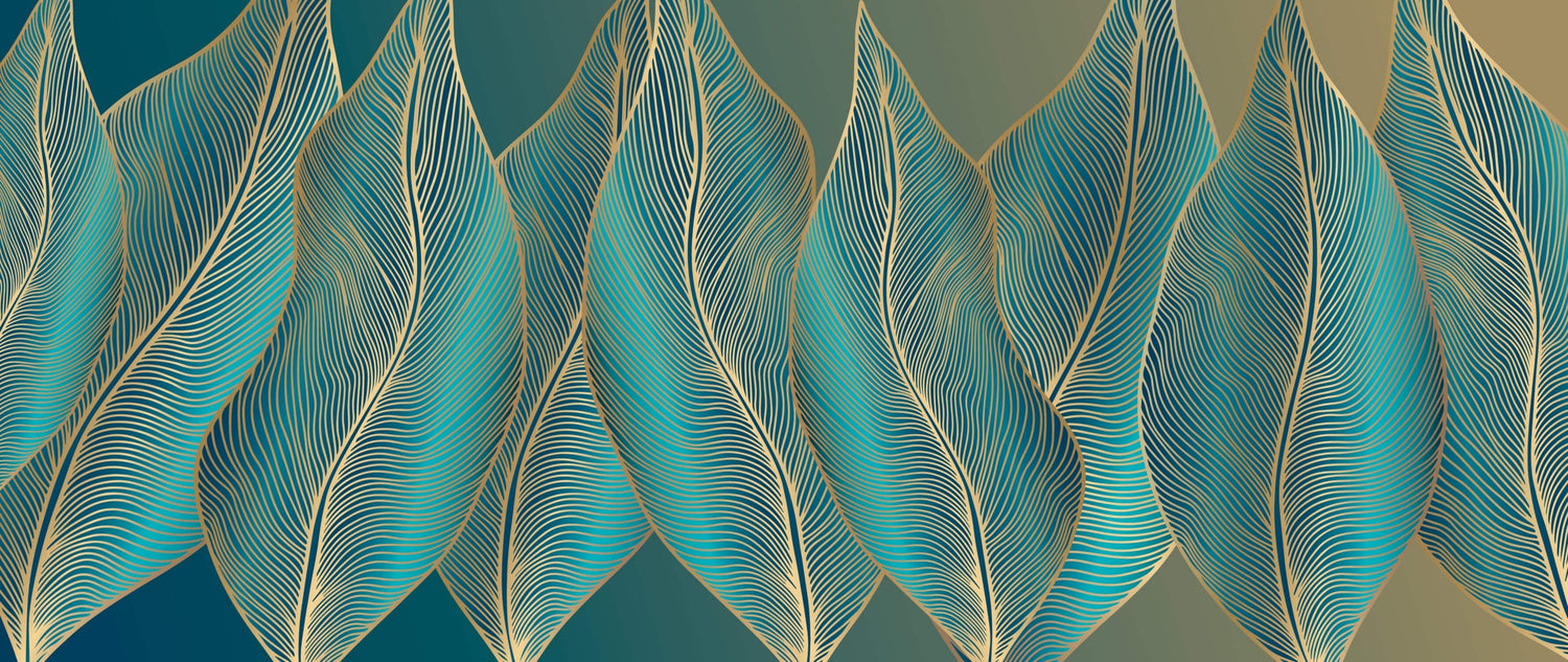 Art deco wallpaper design file showing intricate turquoise leaves with flowing gold lines pattern