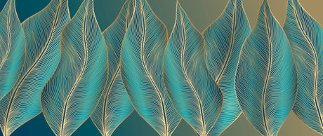 Art deco wallpaper design file showing intricate turquoise leaves with flowing gold lines pattern