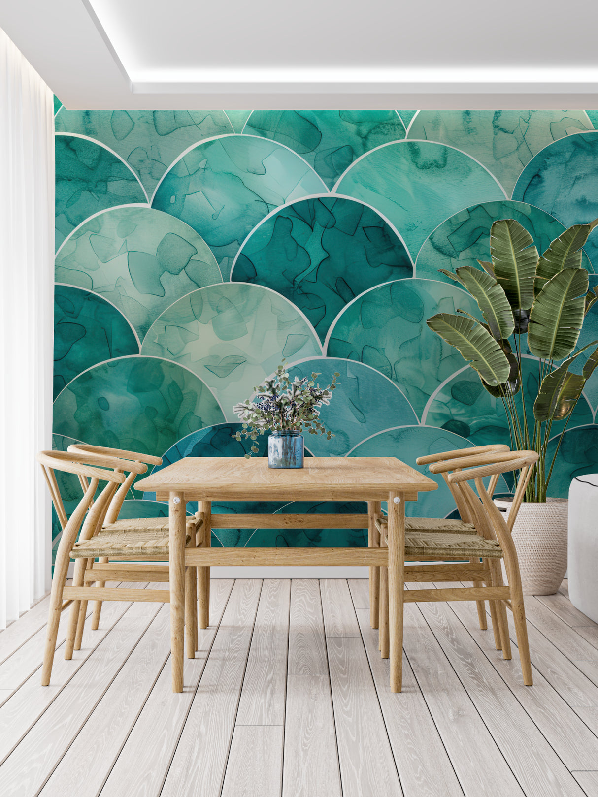 Turquoise art deco scale wallpaper in modern living room with grey sofa and natural light