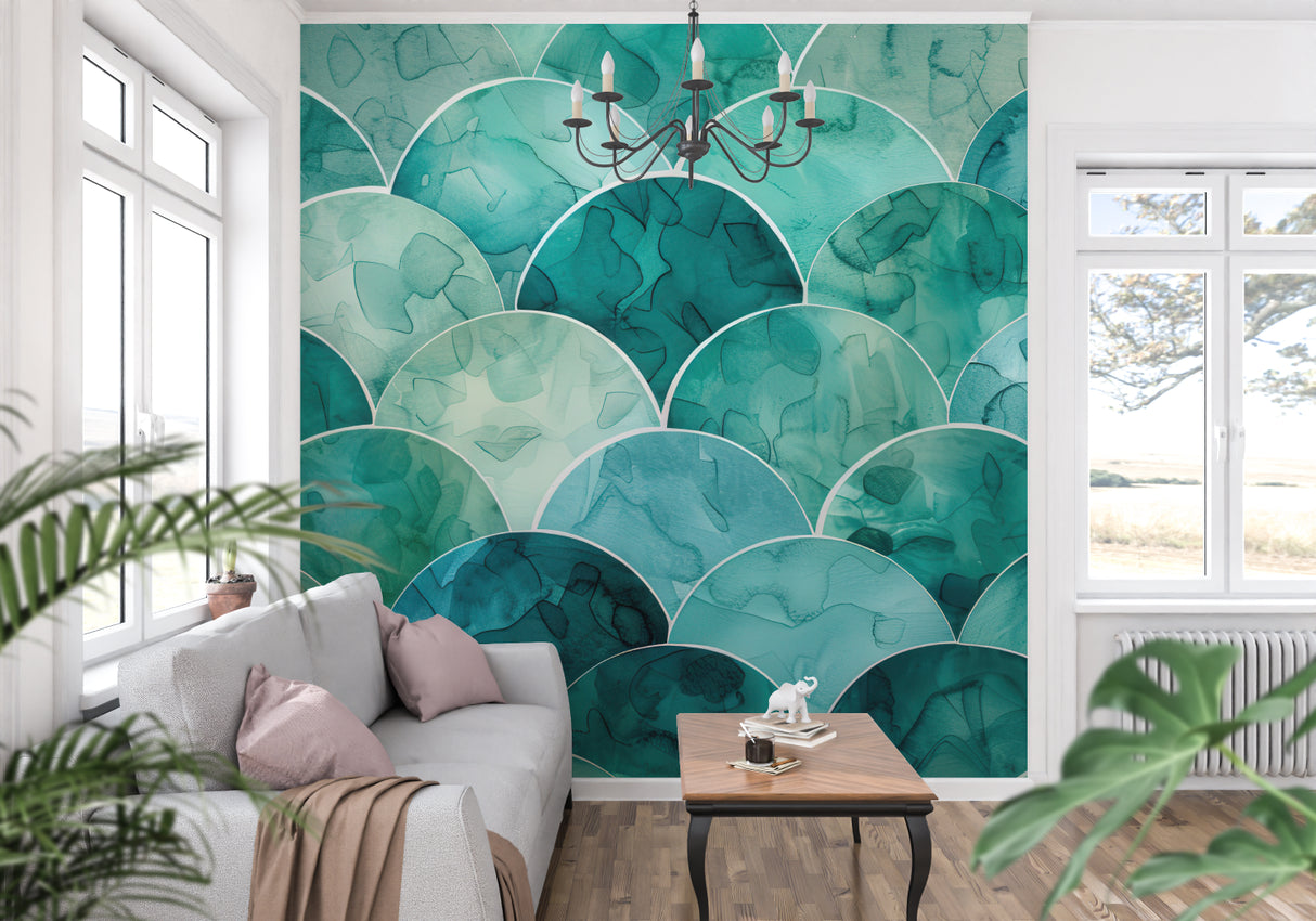 Art deco watercolor wallpaper making statement in master bedroom with white furniture