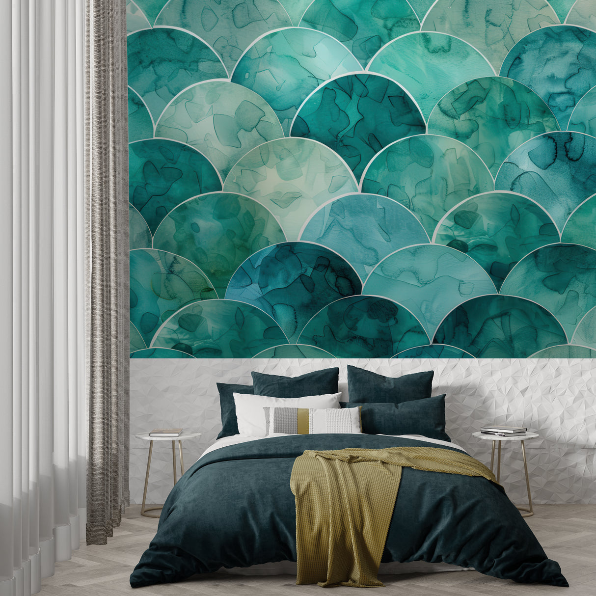 Geometric scale pattern wallpaper in home office with minimalist desk setup