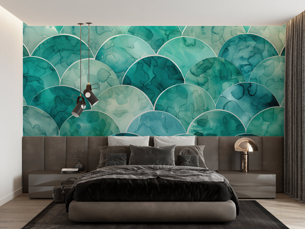 Turquoise wall mural creating spa-like atmosphere in modern bathroom setting