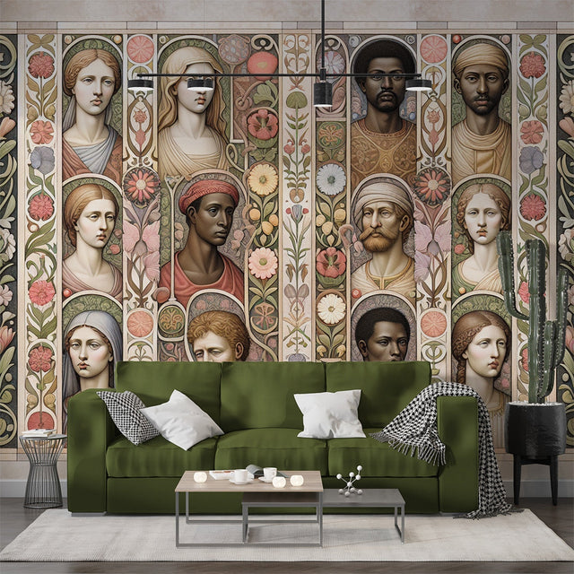 Art Deco portrait gallery wallpaper creating an elegant statement wall in a modern living room with vintage furniture