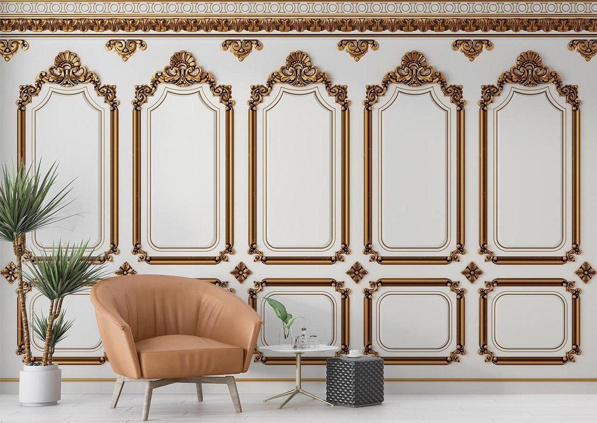 White and gold baroque panel wallpaper in luxury dining room with crystal chandelier and modern furniture