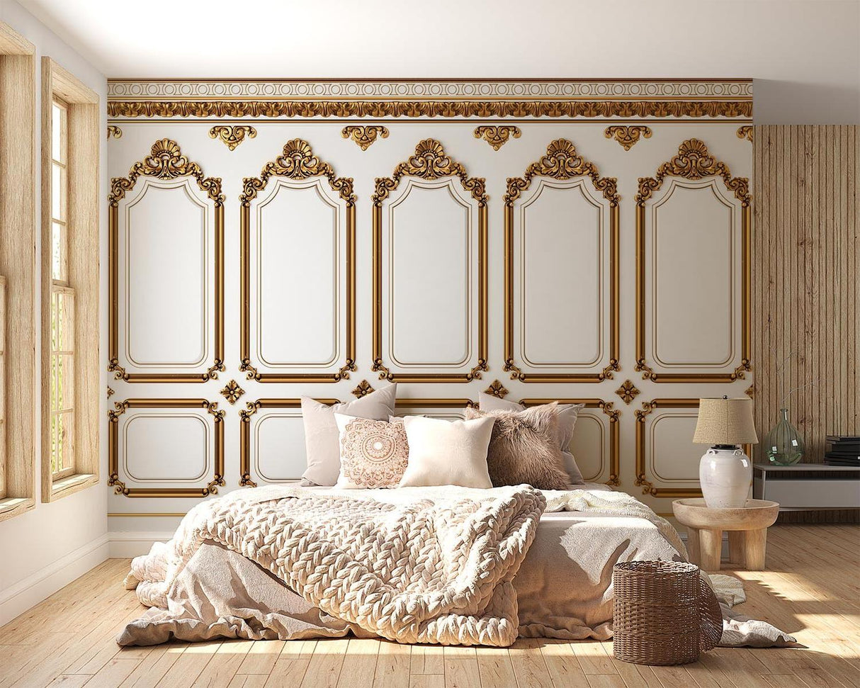 Art deco baroque wallpaper panels creating elegant master bedroom backdrop with gold accents
