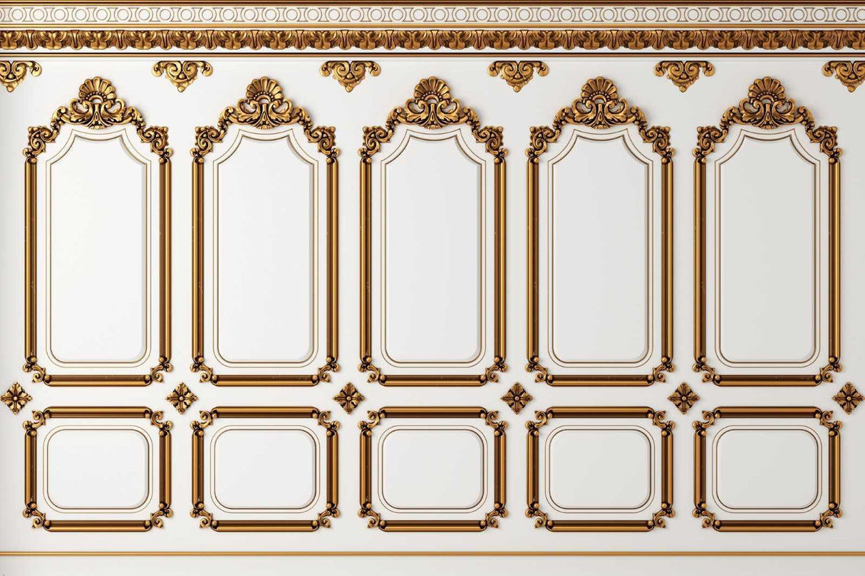 White and gold baroque panel wallpaper design file showing intricate architectural details