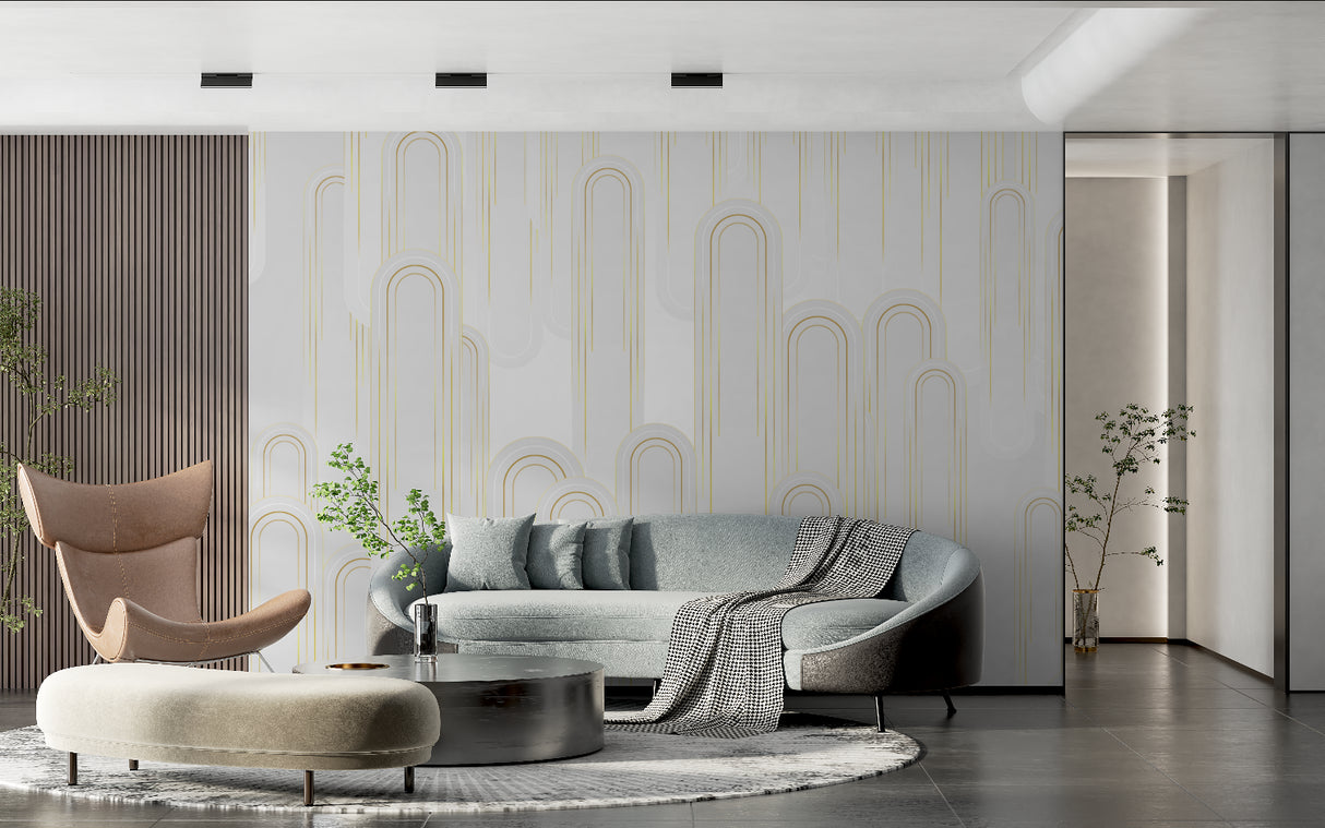 White and gold geometric wallpaper in dining room with crystal chandelier