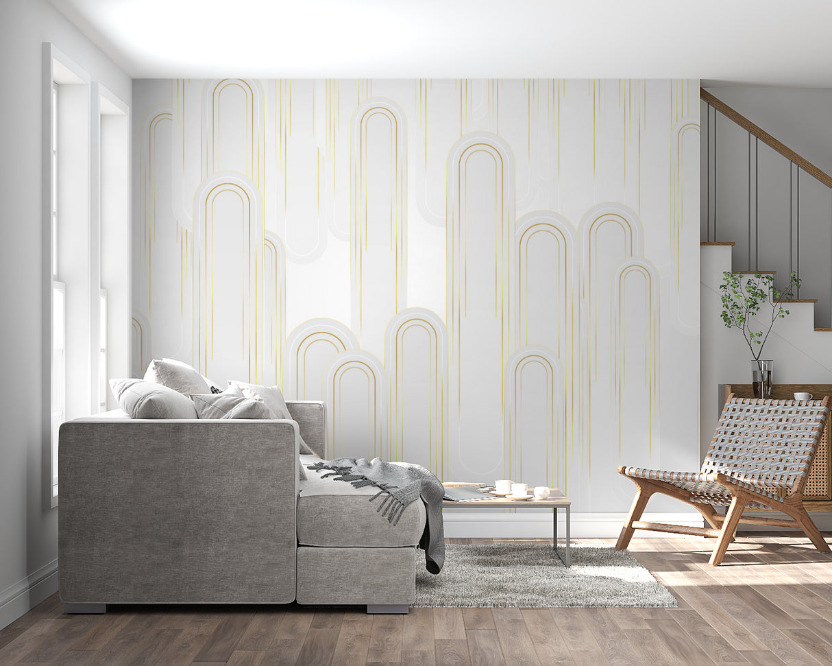 Gold arch wallpaper in hotel lobby with modern furniture