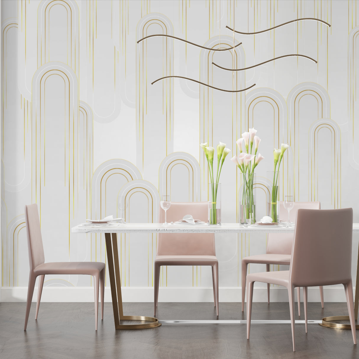 Geometric arch wallpaper transforming an elegant dining room with crystal chandelier