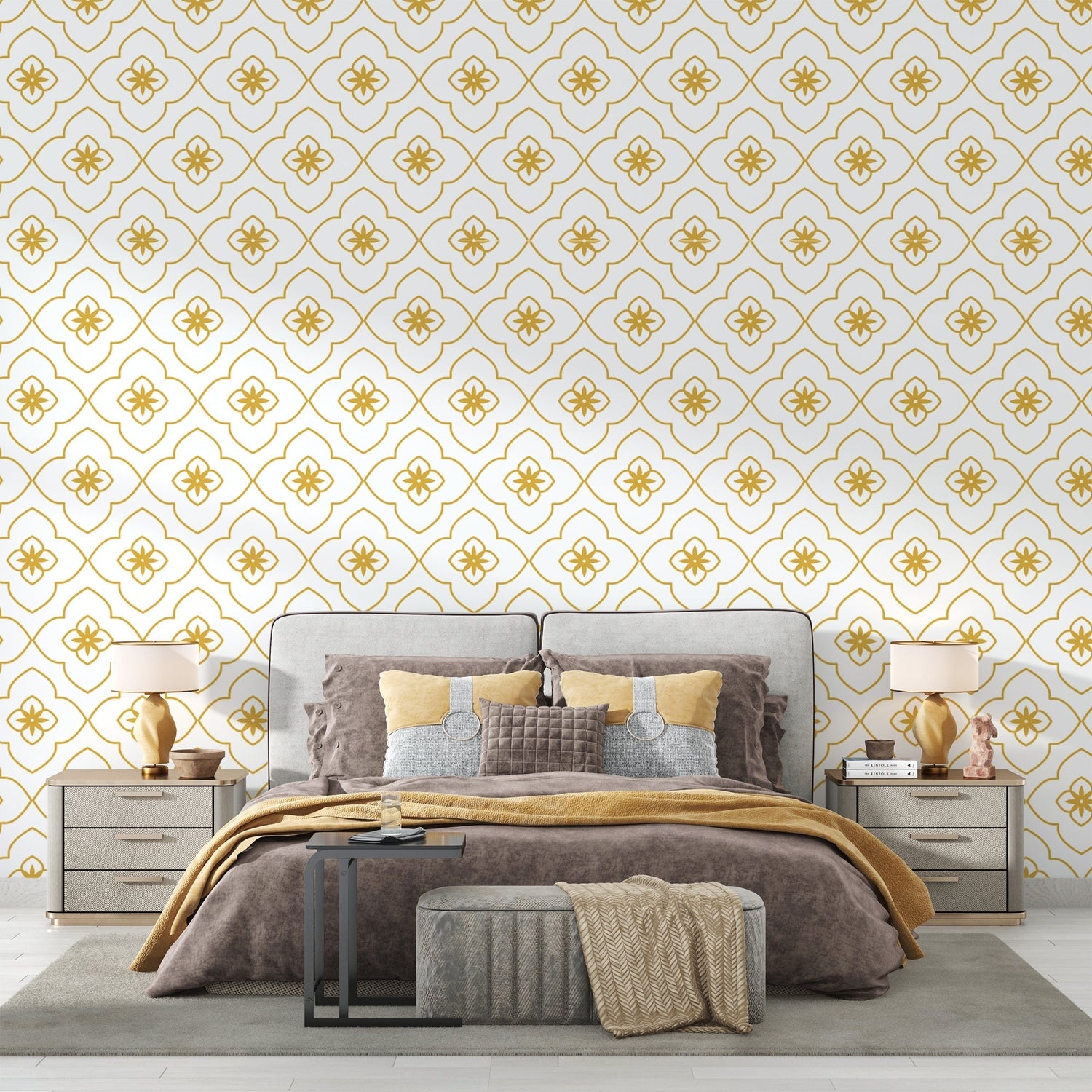 White and gold Art Deco wallpaper in modern living room creating an elegant atmosphere with natural light