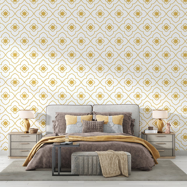 White and gold Art Deco wallpaper in modern living room creating an elegant atmosphere with natural light