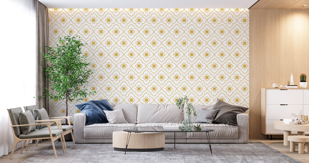 Geometric Art Deco pattern wallpaper showcased in luxury hotel lobby with soft lighting