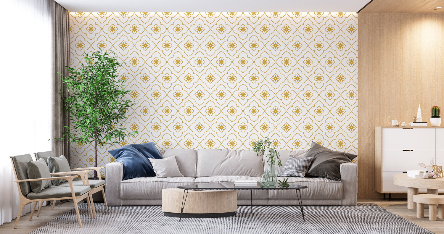Geometric Art Deco pattern wallpaper showcased in luxury hotel lobby with soft lighting