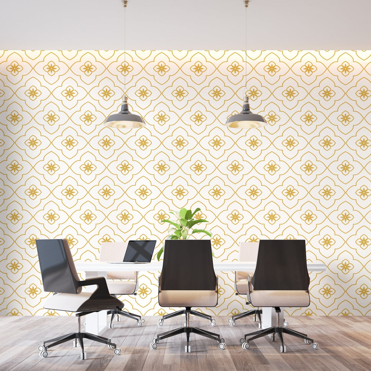 White and gold geometric wallpaper making a statement in master bedroom with minimal furniture