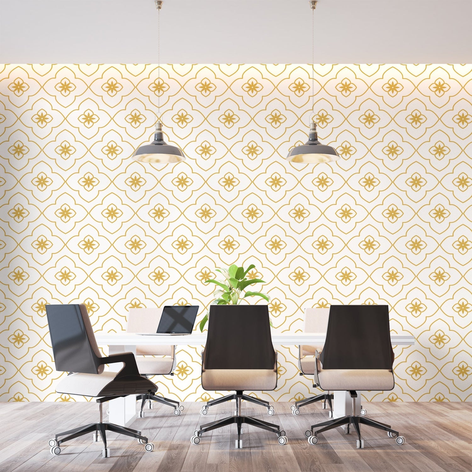 White and gold geometric wallpaper making a statement in master bedroom with minimal furniture