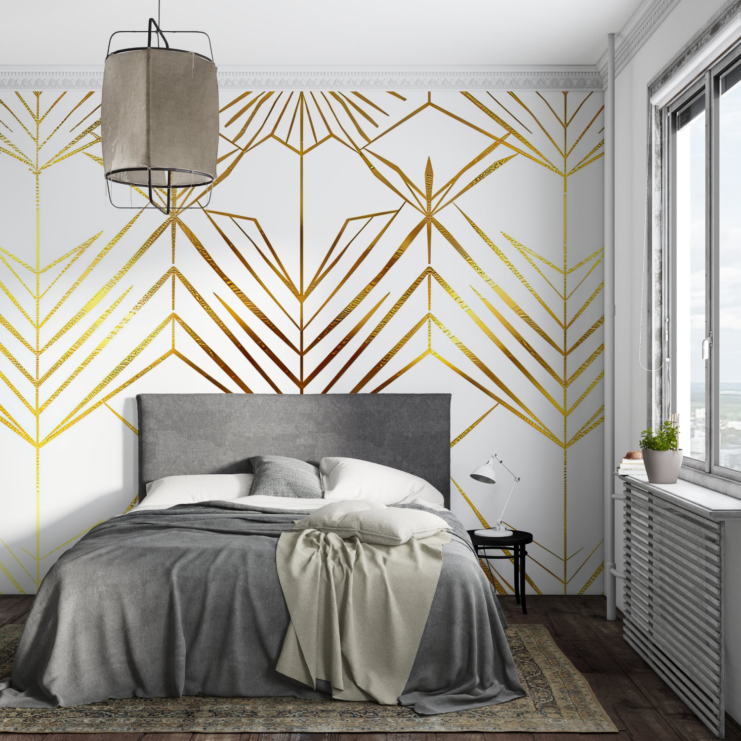 Geometric art deco wall mural creating luxury atmosphere in master bedroom