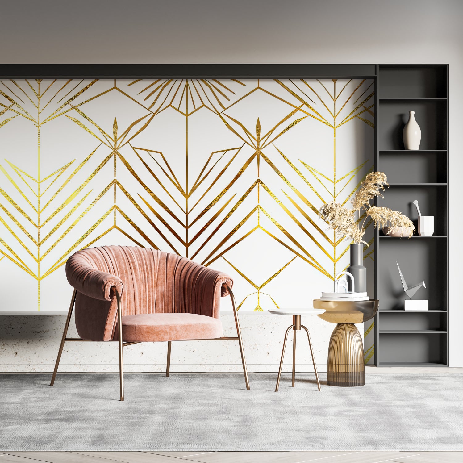 White and gold geometric wallpaper brightening modern living room