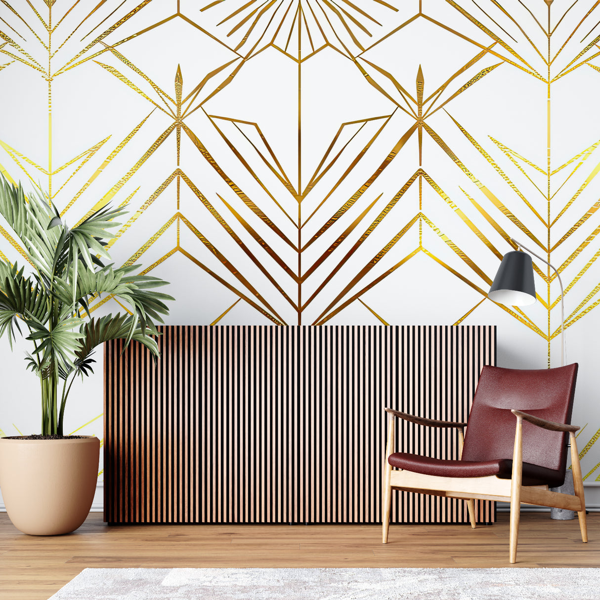 Art deco wall mural adding elegance to hallway entrance