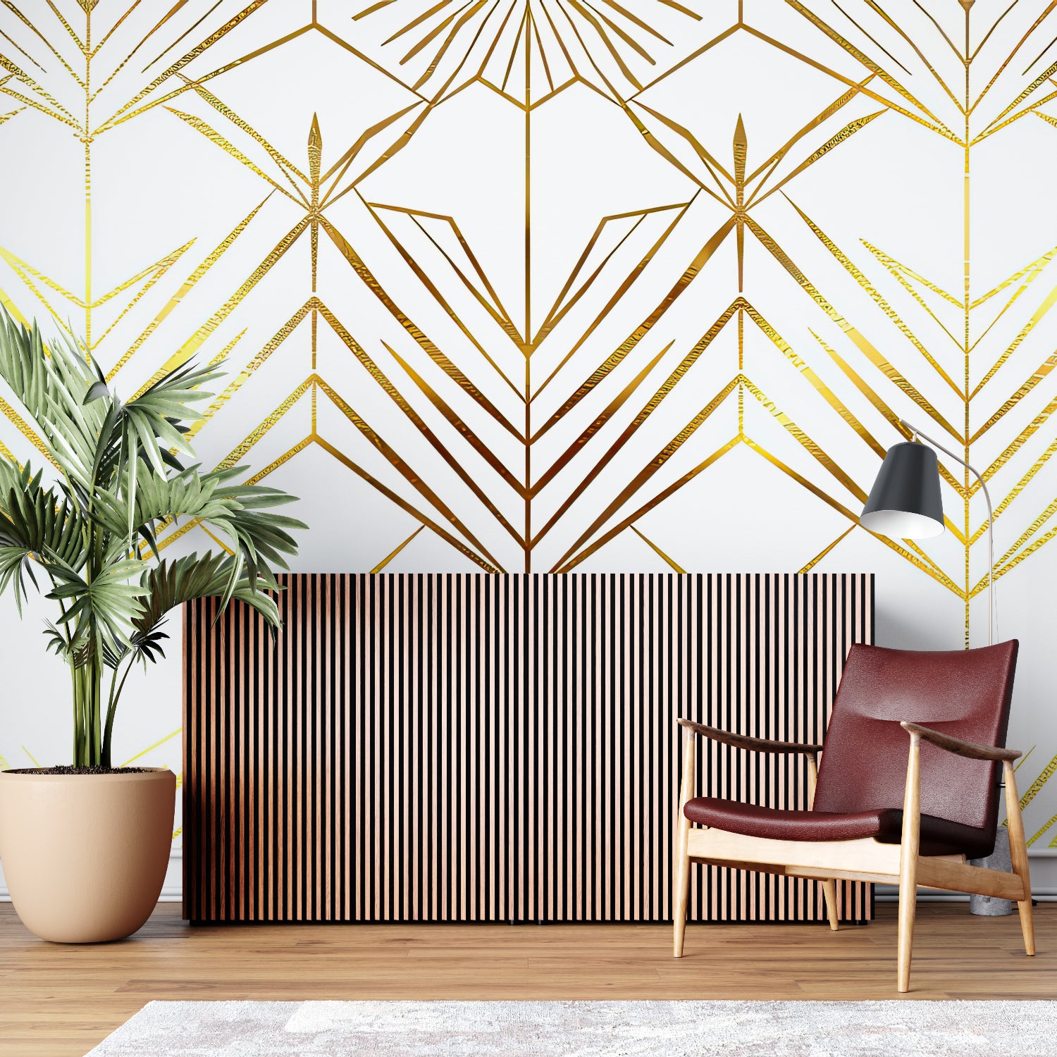 Art deco wall mural adding elegance to hallway entrance