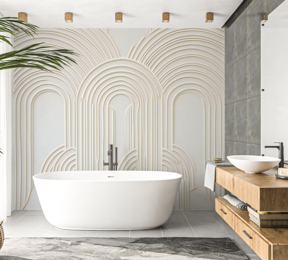 Art deco white curved arches wallpaper in a bright modern living room creating an airy, open atmosphere