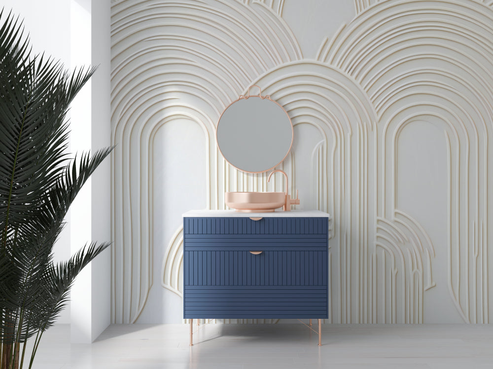 Curved white arch wallpaper adding elegance to a minimalist dining room with natural light