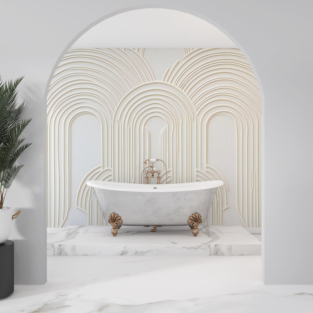 Art deco geometric wallpaper making a bedroom feel bigger with its white arched pattern