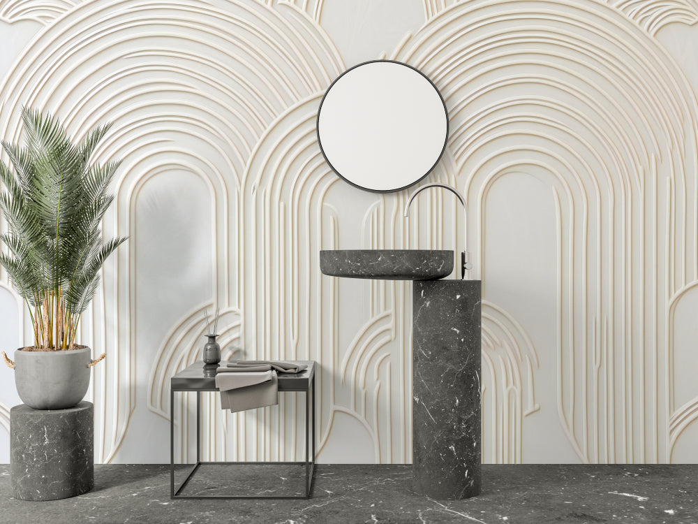White curved arch mural wallpaper bringing soft geometry to a modern home office space