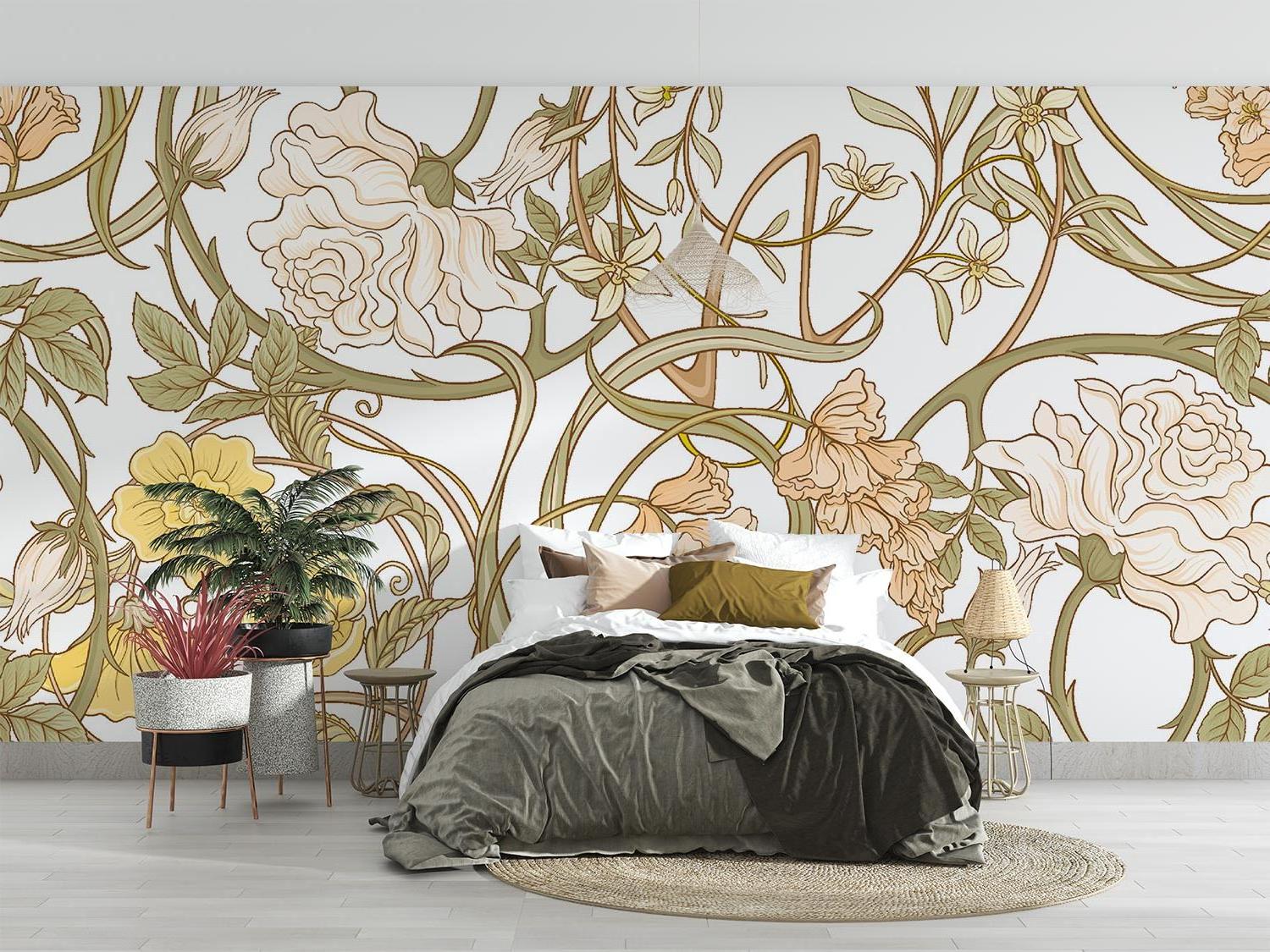 Art Nouveau wallpaper enhancing a romantic bedroom suite