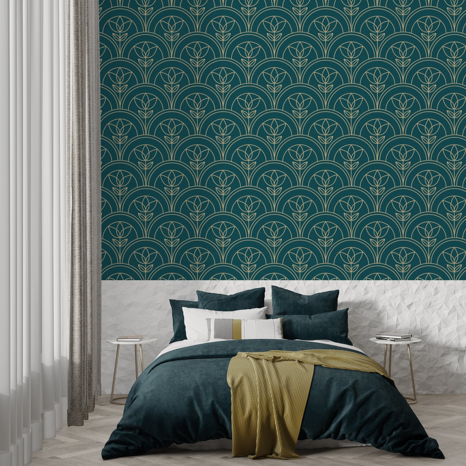 Green and gold Art Nouveau wallpaper styled in elegant dining room with crystal chandelier