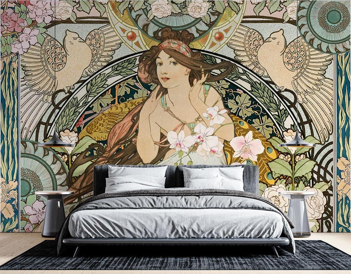 Art Nouveau goddess wallpaper mural in a bright dining room with crystal chandelier and vintage furniture
