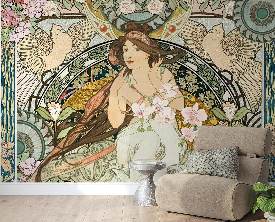 Art Nouveau floral wall mural creating an elegant backdrop in a master bedroom with brass accents