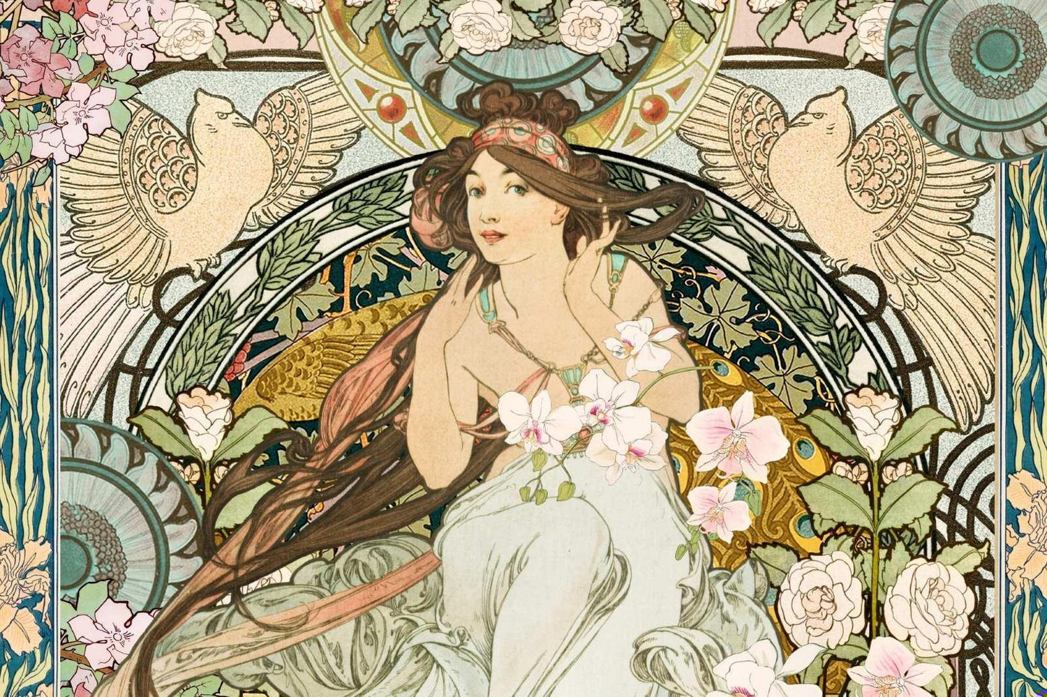 Art Nouveau goddess with birds design file showing intricate floral patterns and golden details