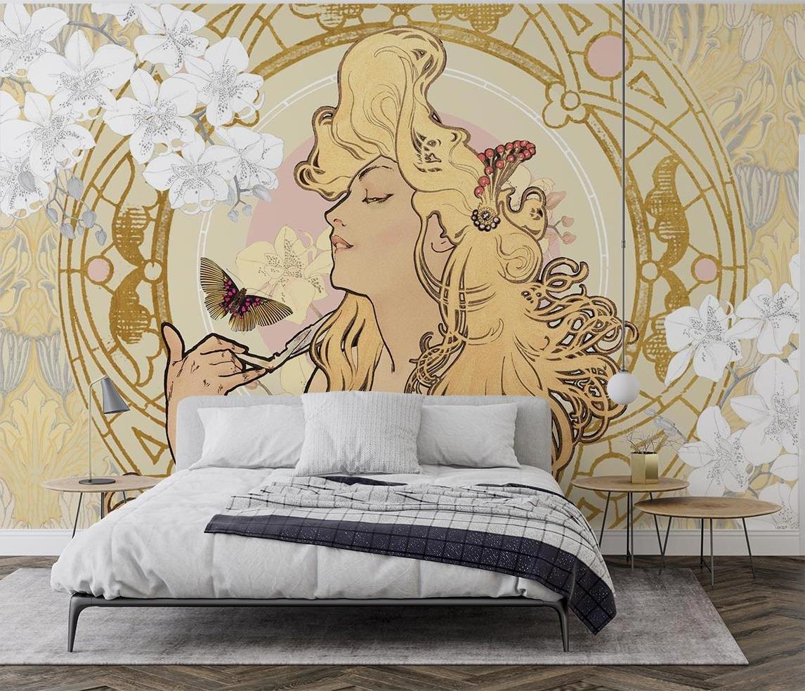 Art Nouveau butterfly wallpaper displayed in an elegant dining room with golden accents