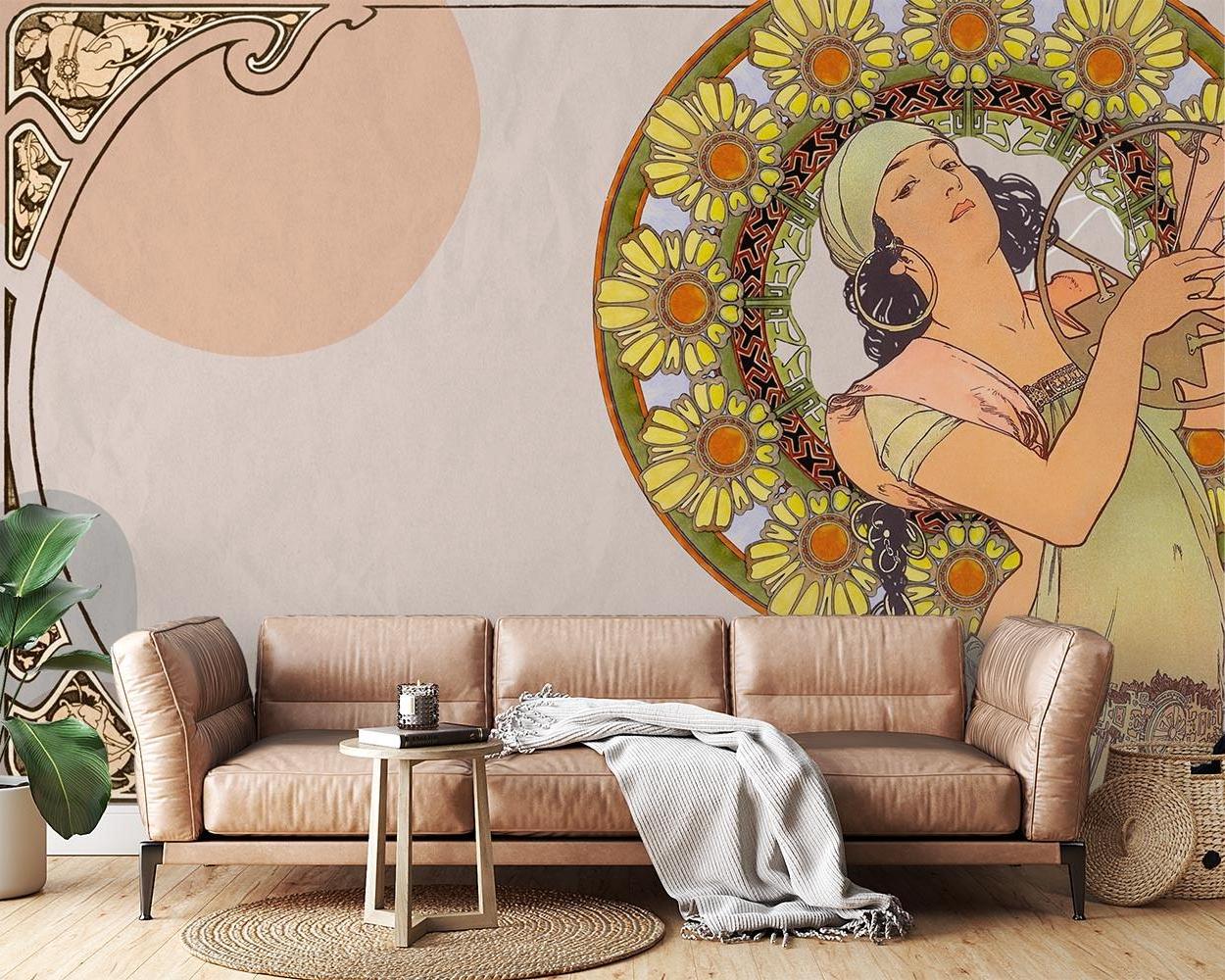 Art Nouveau sunflower medallion wallpaper creating an elegant atmosphere in a bright living room with vintage furniture