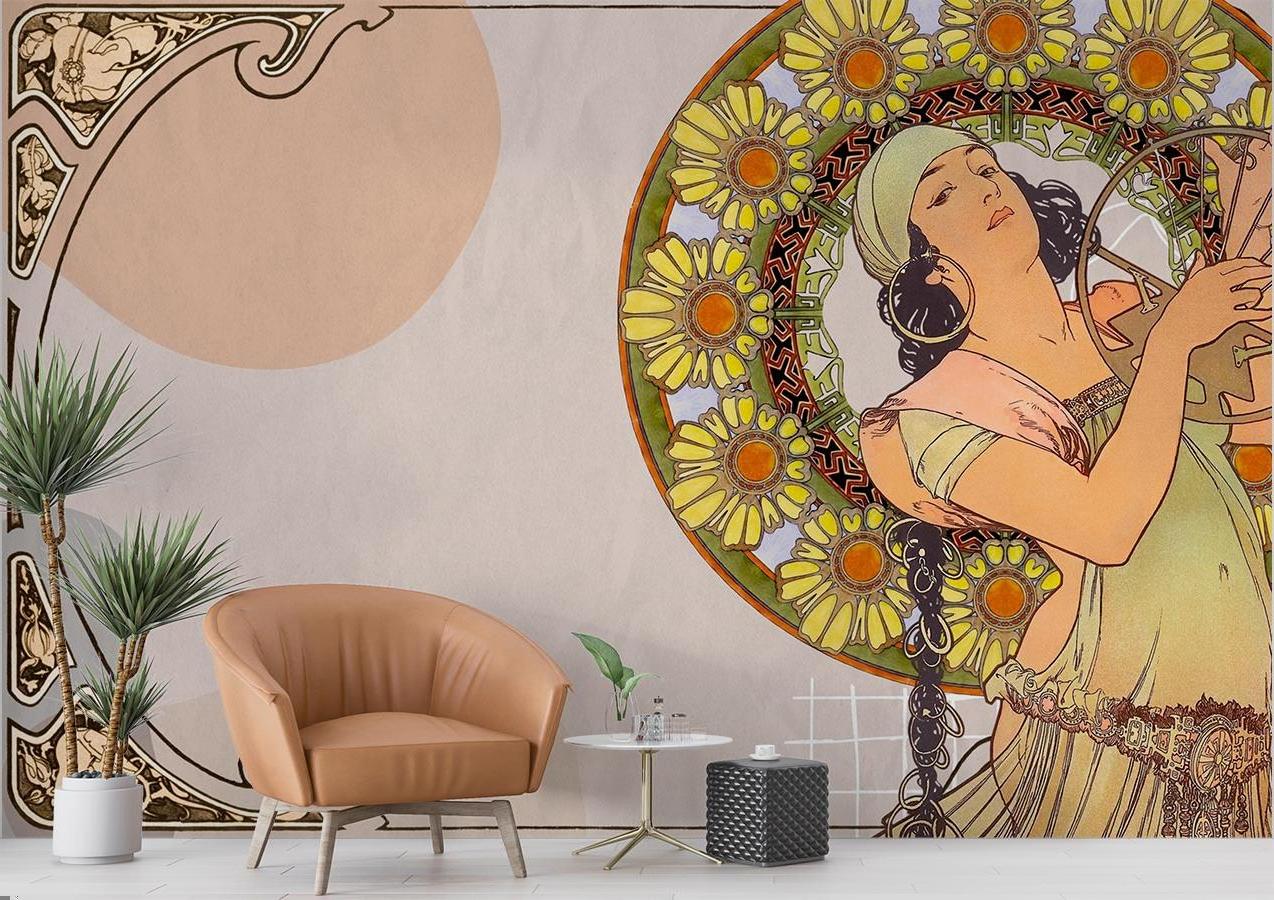 Art Nouveau wallpaper with golden sunflower pattern making a stunning backdrop in a modern dining space
