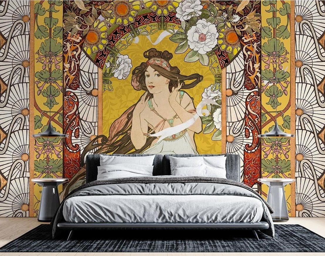 Art Nouveau floral wallpaper creating an elegant statement wall in a bright living room with gold accents