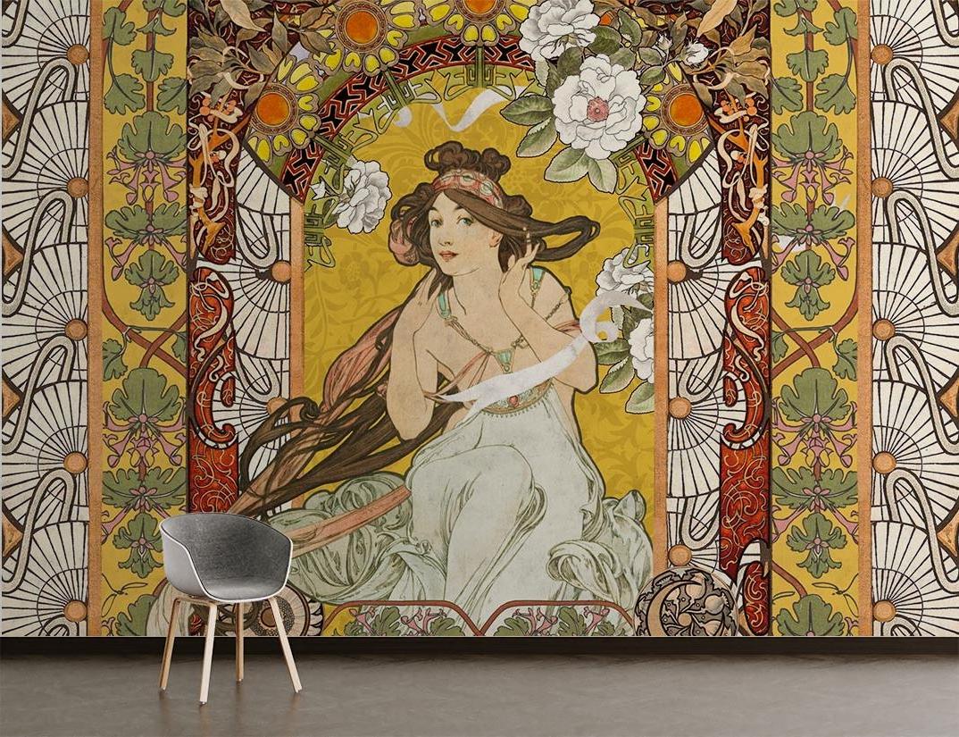 Vintage floral wallpaper with golden frame adding sophistication to a modern dining room setting