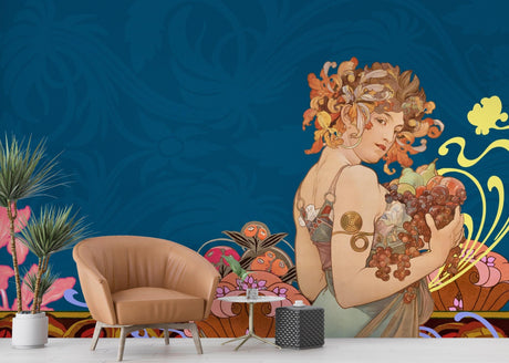 Art Nouveau wallpaper mural creating an elegant atmosphere in a sophisticated dining room with ambient lighting