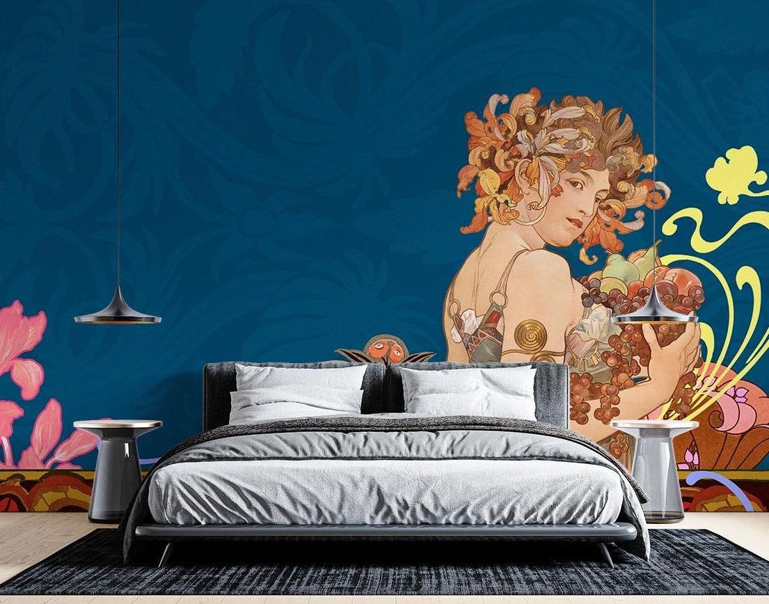 Vintage floral goddess wallpaper making a statement in a modern living room with contemporary furniture