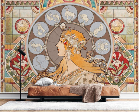 Art Nouveau zodiac wallpaper creating elegant atmosphere in modern living room with tall windows
