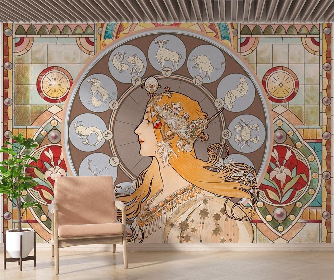 Stained glass zodiac wall mural bringing magical glow to master bedroom setting