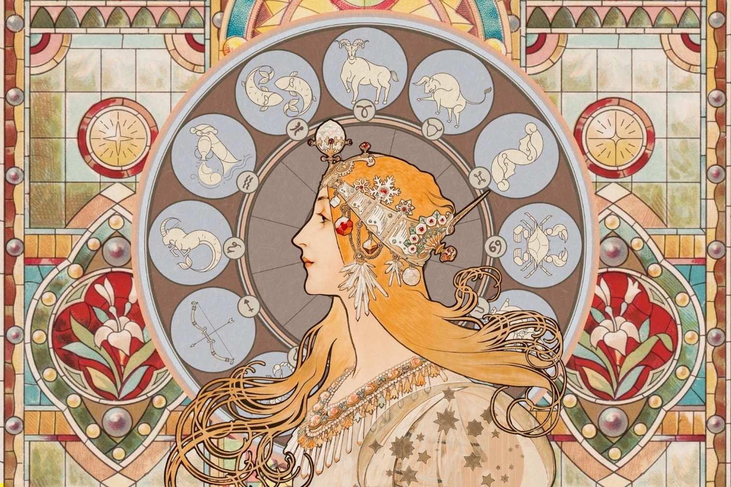 Art Nouveau zodiac stained glass design file showing intricate pattern details and rich colors