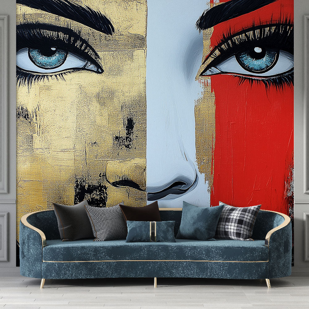 Modern portrait wallpaper with gold and red tones creating dramatic impact in a minimalist living room setting