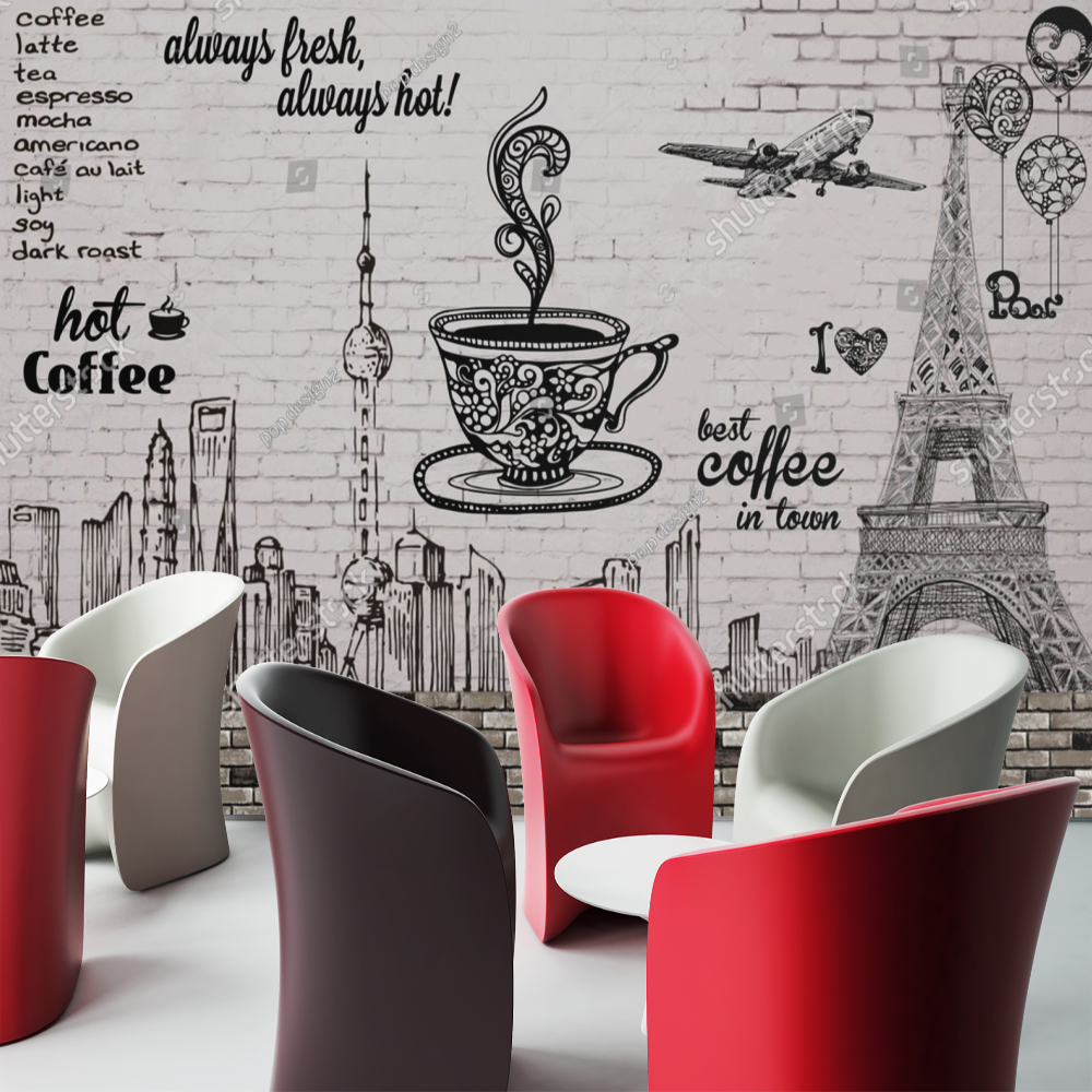 Coffee Shop Mural Wallpaper | Paris Skyline with Vintage Menu Design