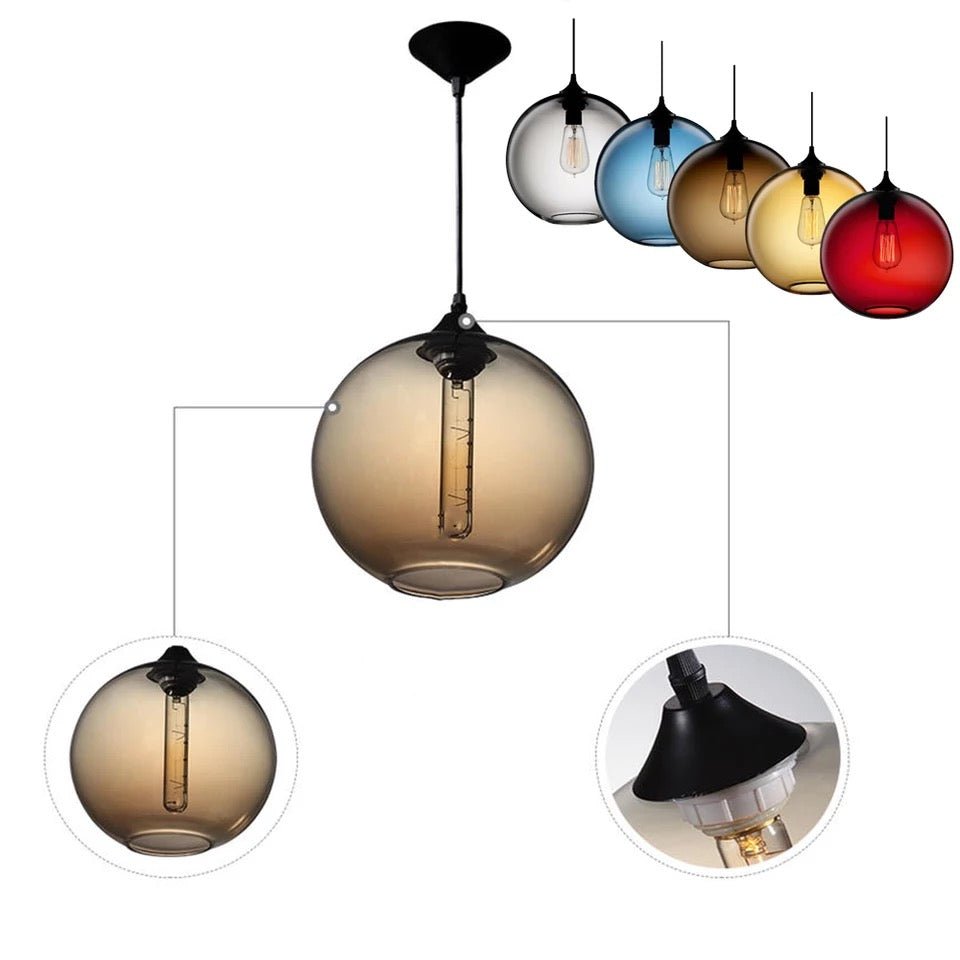 Modern Glass Pendant Light Colored Globe Shade Collection - Detailed view