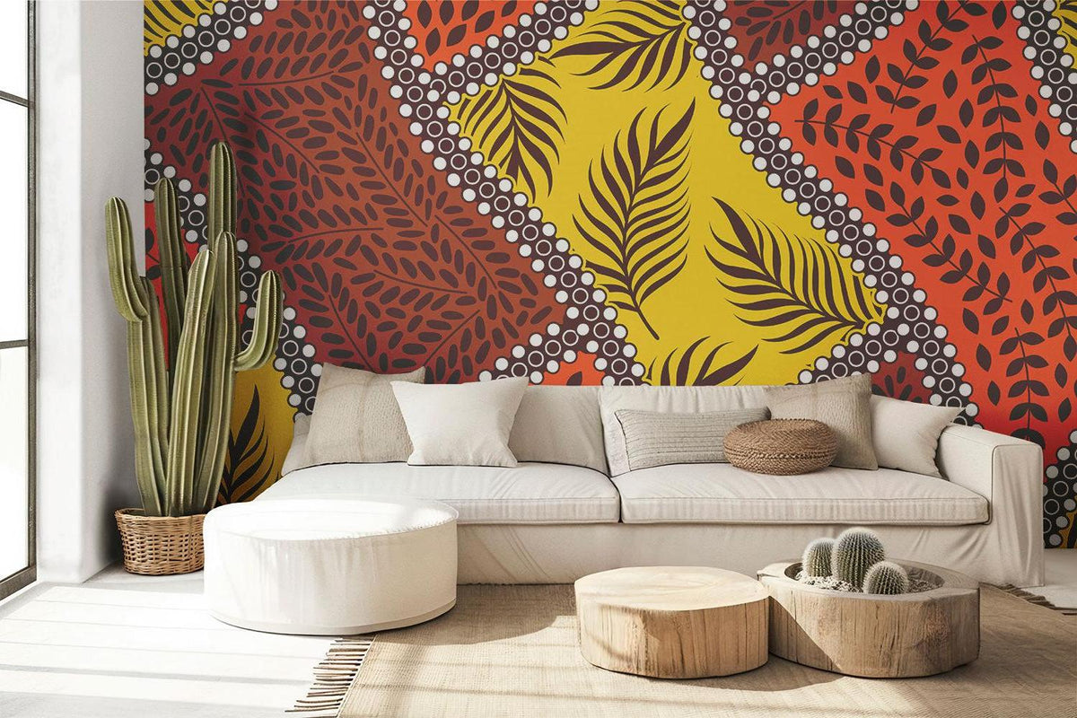 Tropical Mural Wallpaper | Geometric Leaf Pattern in Orange and Yellow