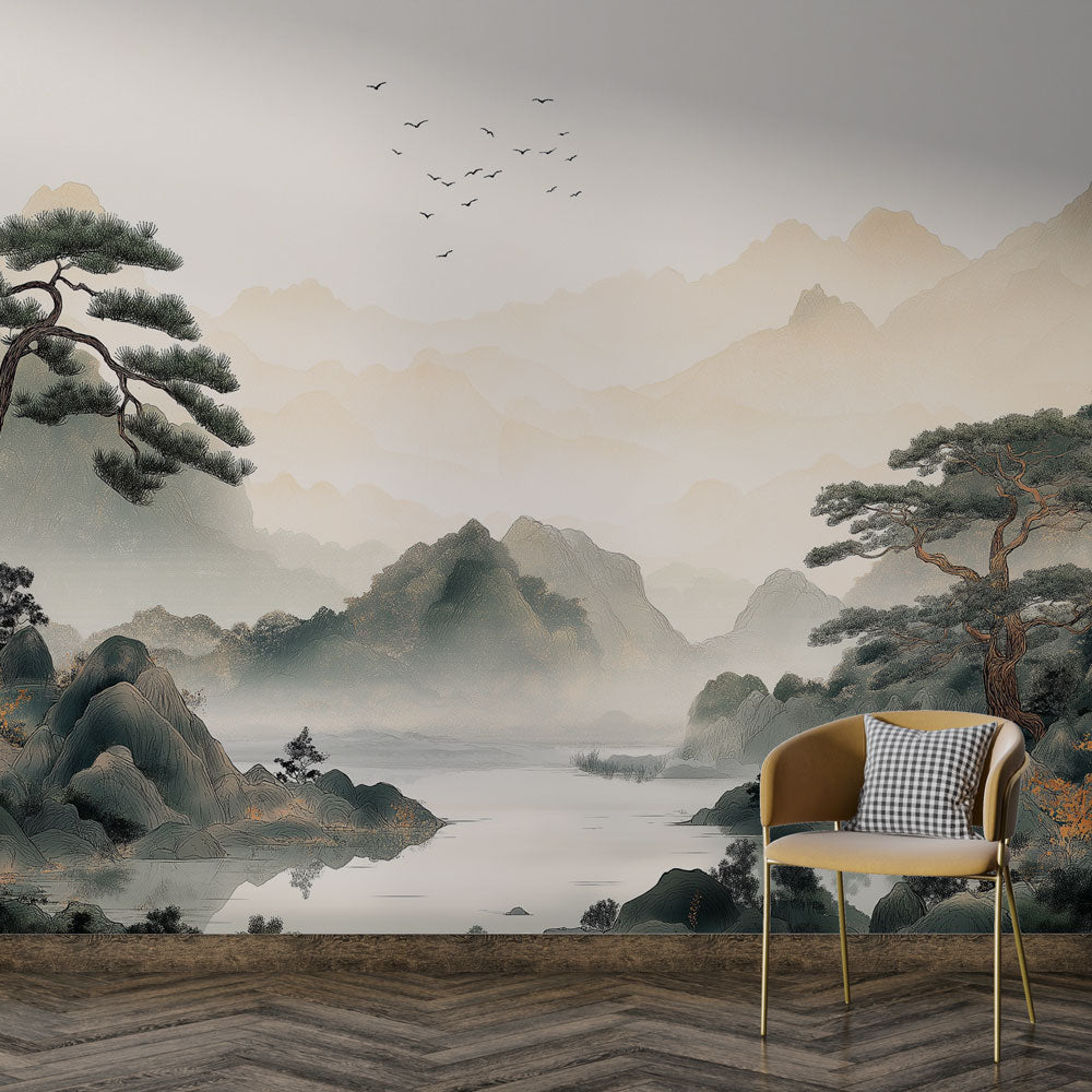 Japanese mountain mural wallpaper styled in modern minimalist living room, showing misty pine trees and peaceful lake scene